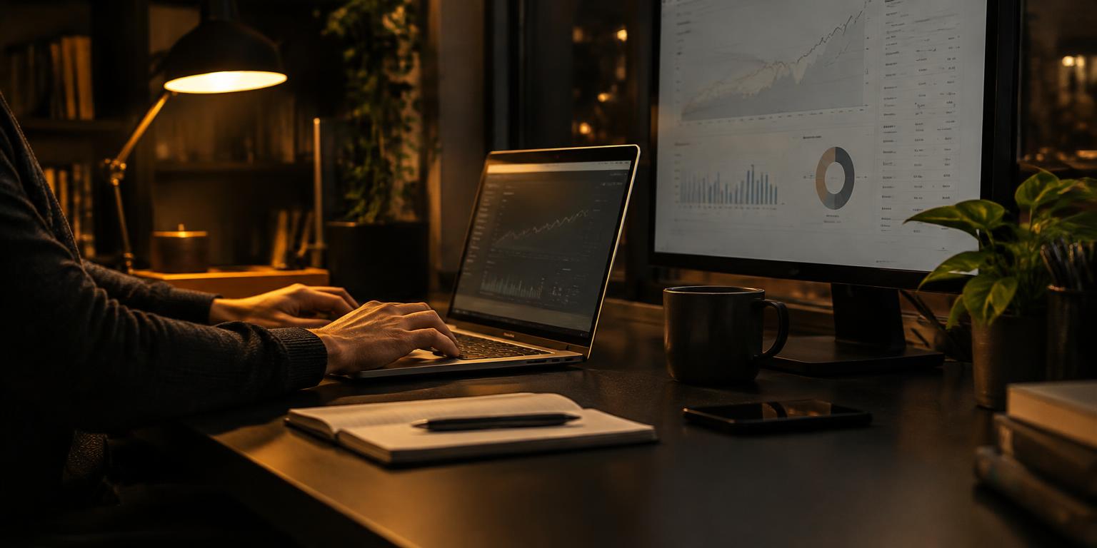 Una mesa de trabajo con análisis SEO, un computador y notas